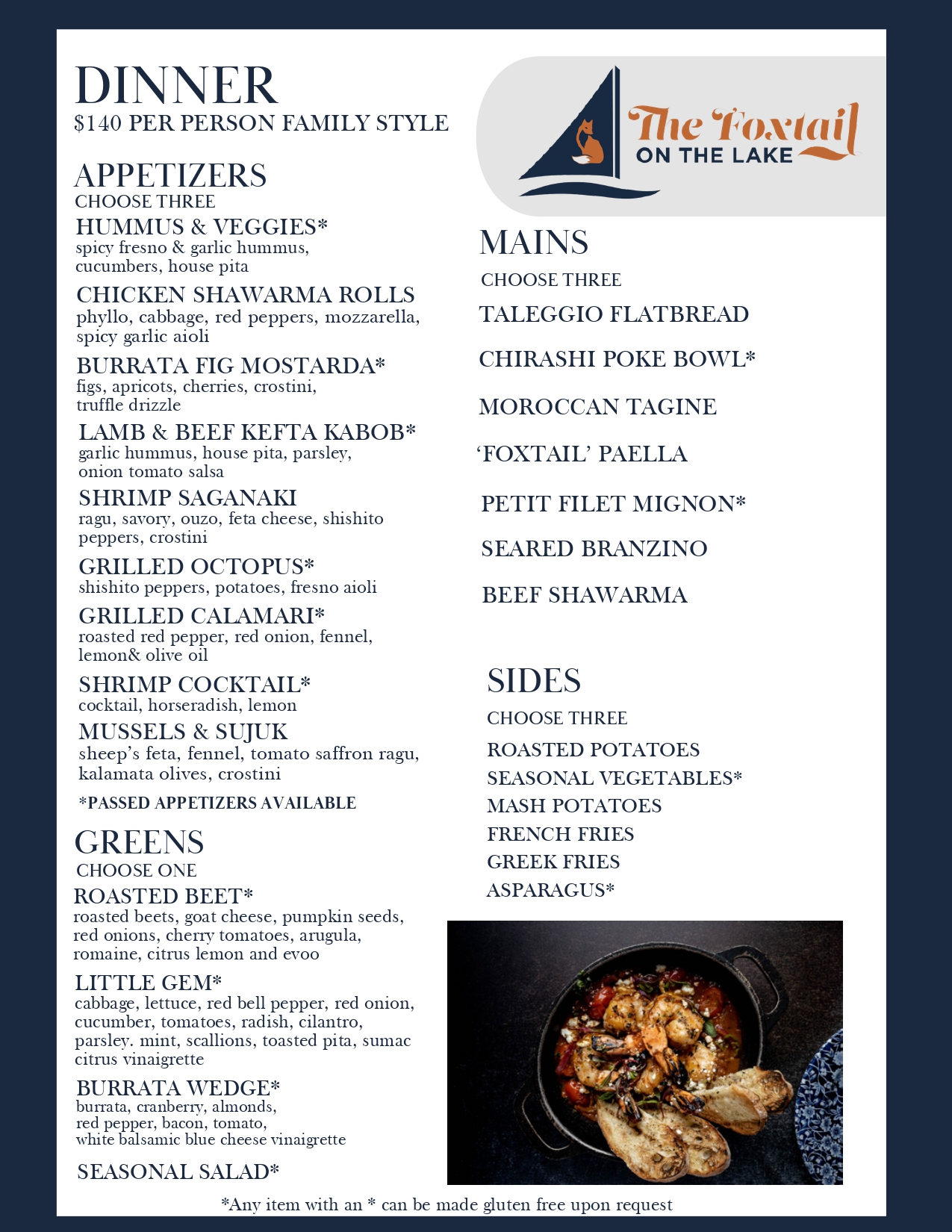 Dinner Menu $140 Per Person Family Style