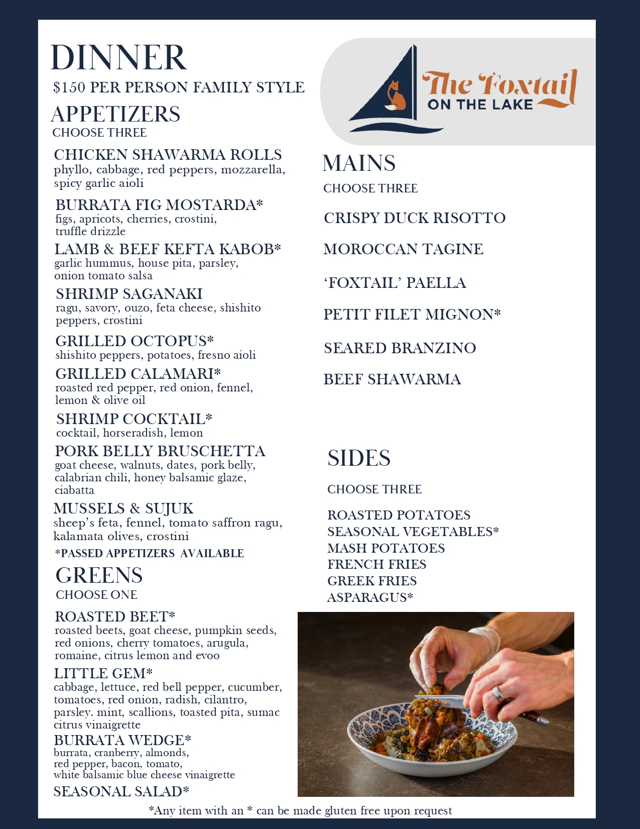 Dinner Menu $150 Per Person Family Style