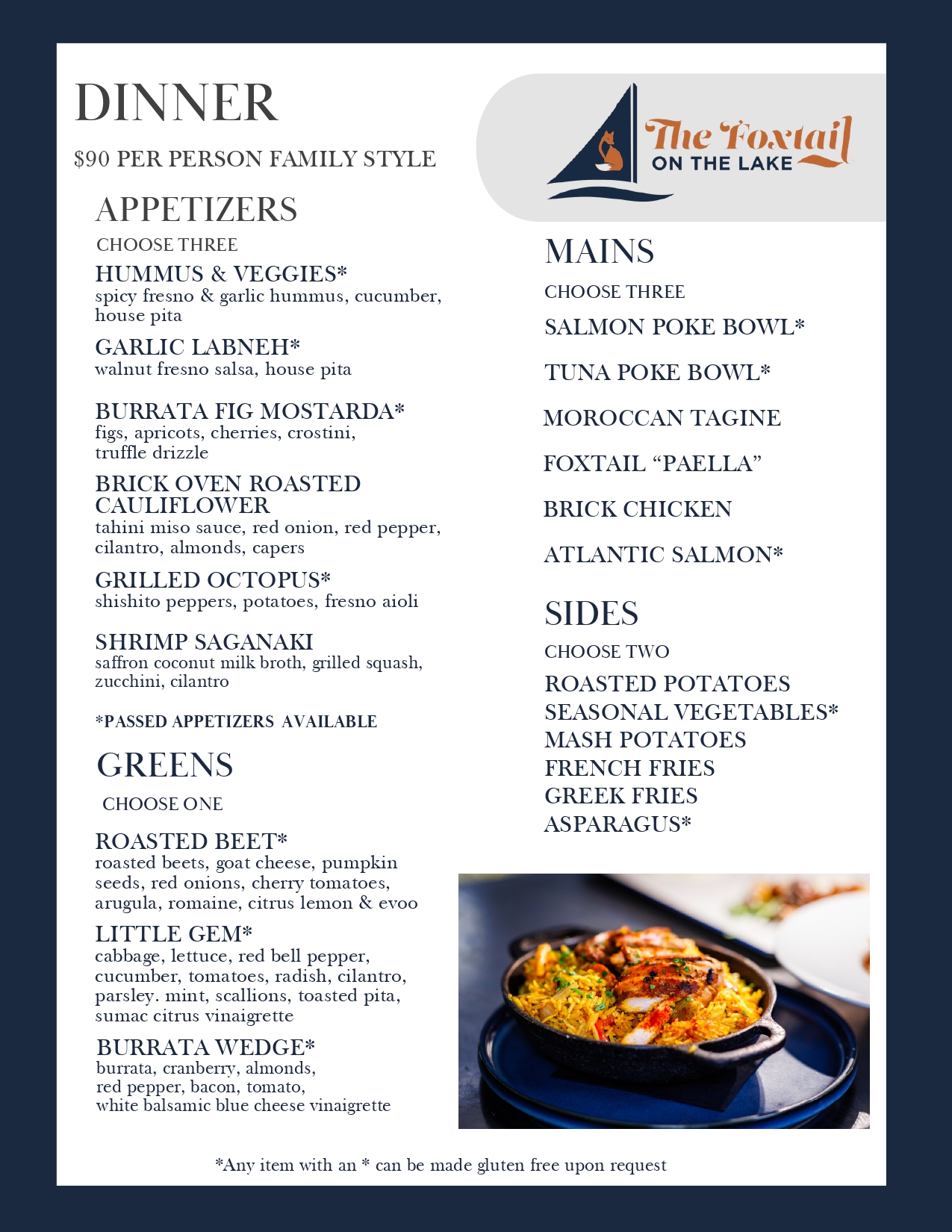 Dinner Menu $90 Per Person Family Style