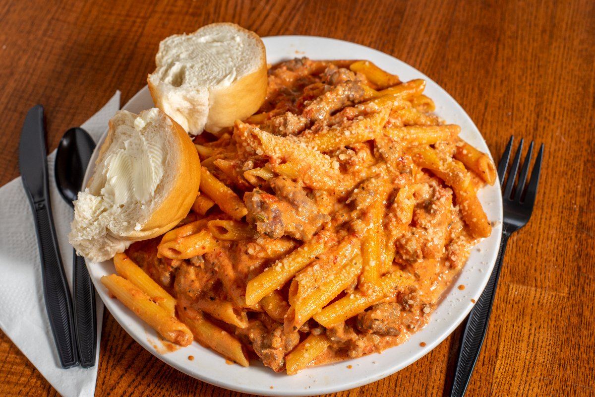 Vodka Sausage Penne with bread