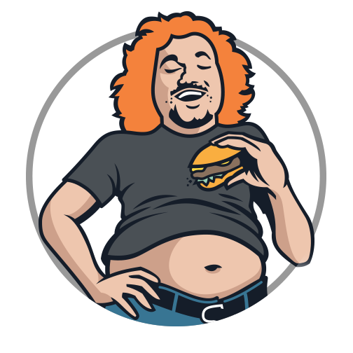 a person with red hair eating a burger caricature
