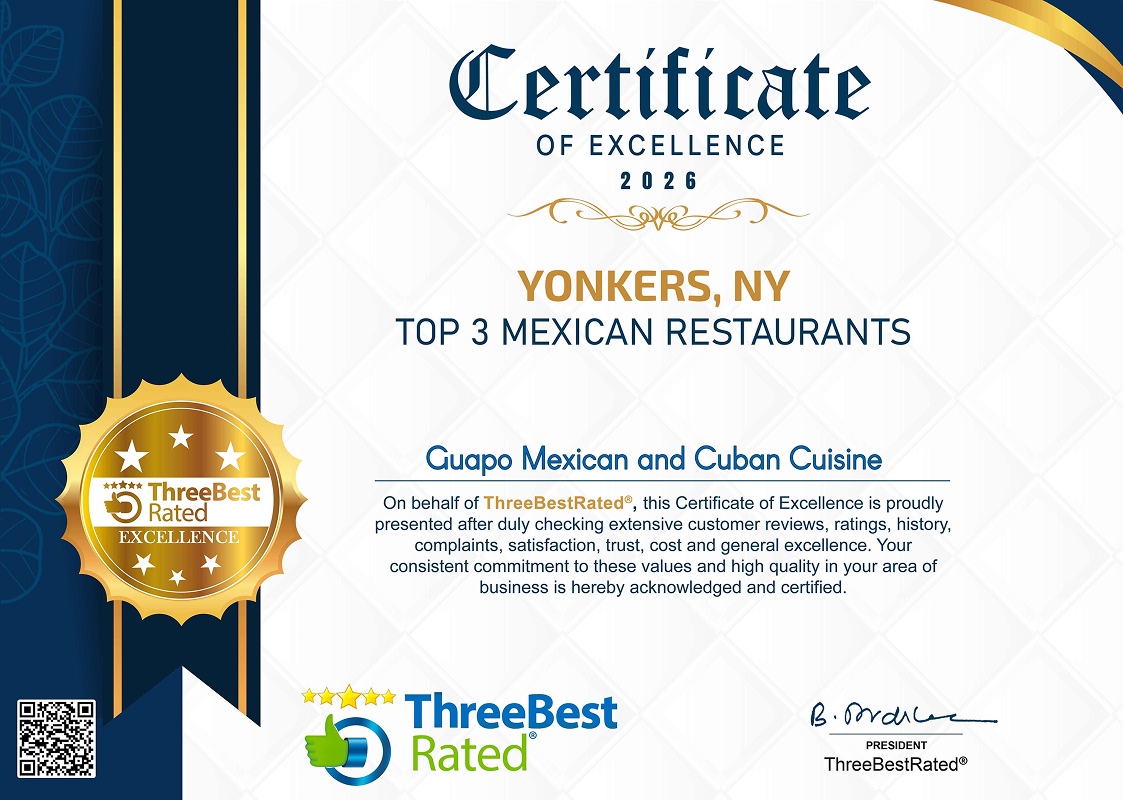 Certificate of excellence 2026, Yonkers, NY, top 3 Mexican restaurants