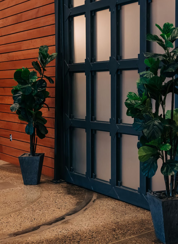 A dark blue door with glass panels next to wooden wall cladding, flanked by potted plants.