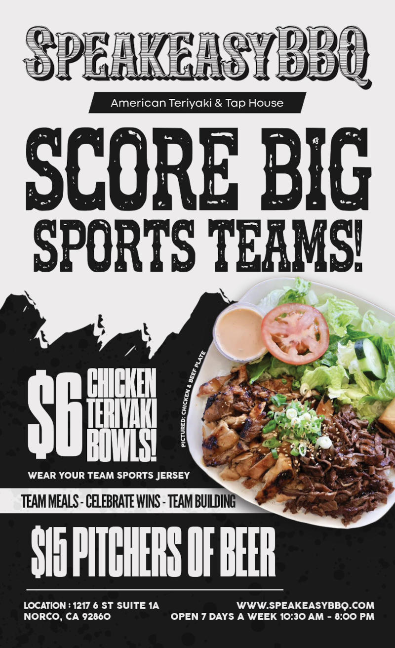 SpeakeasyBBQ sports promo: $6 chicken teriyaki bowls, team meals and celebration.