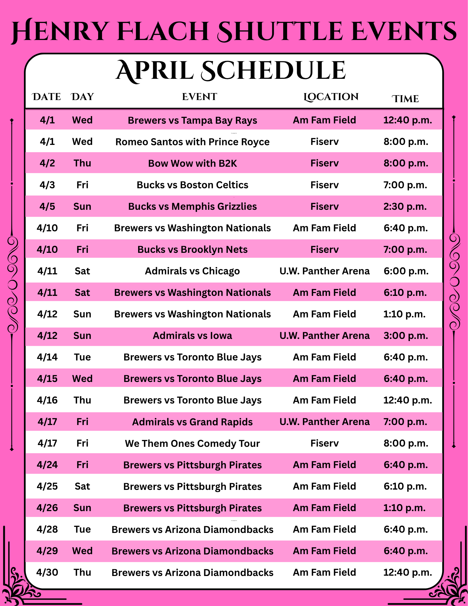Henry Flach Shuttle events - April Schedule