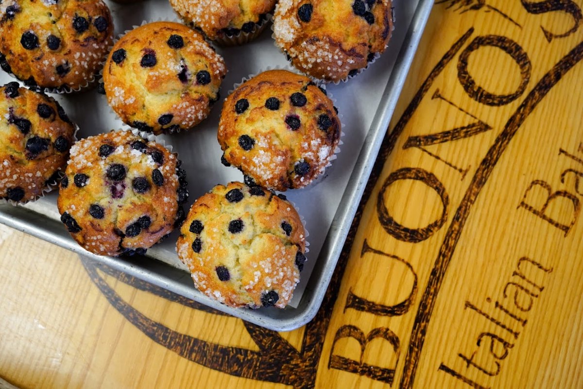 Blueberry muffins plate, top view