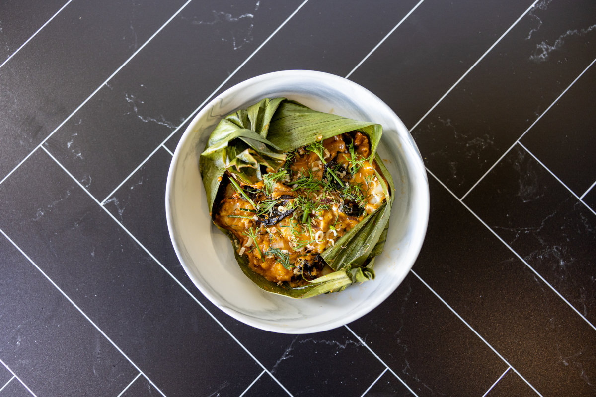 Moak Paa dish, served on a banana leaf, top view