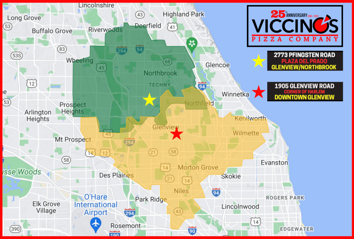 Map with Viccino’s Pizza Company locations