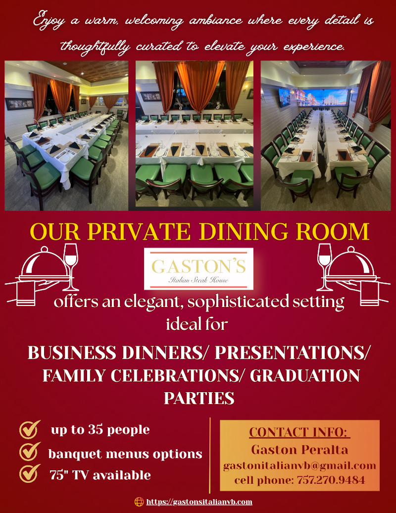 Private dining room for business dinners, presentations, family celebrations, and graduation parties