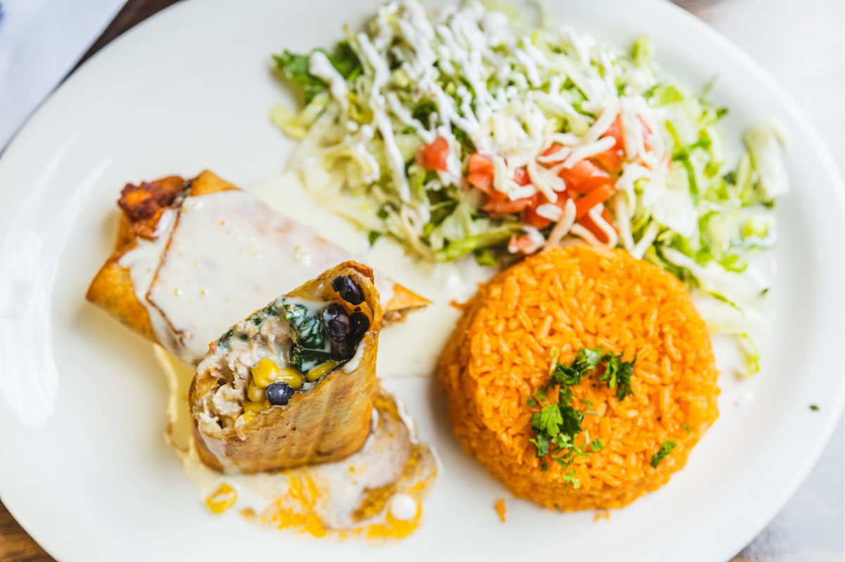 Burrito, with Mexican rice, and salad