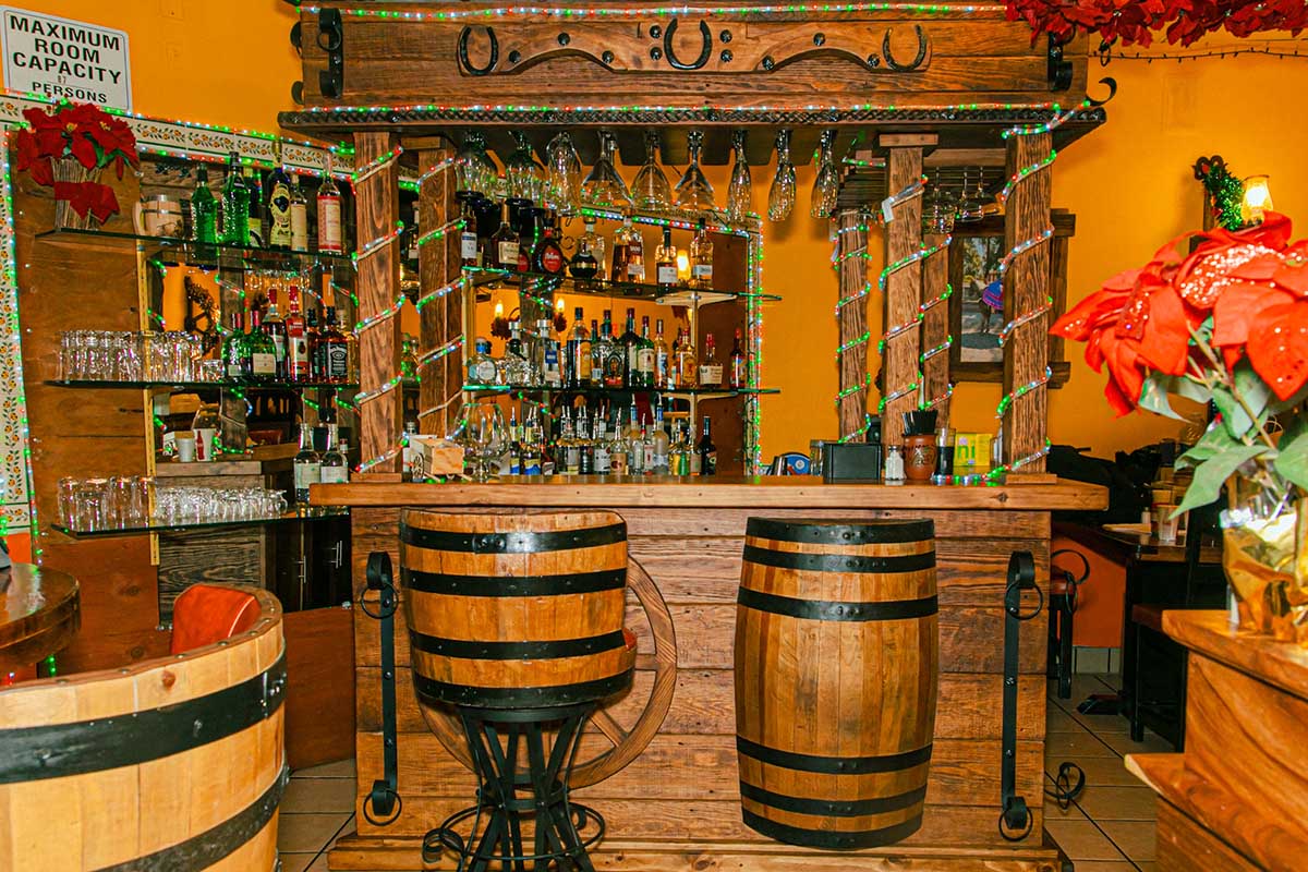 Interior, bar area, barrel-themed decorations