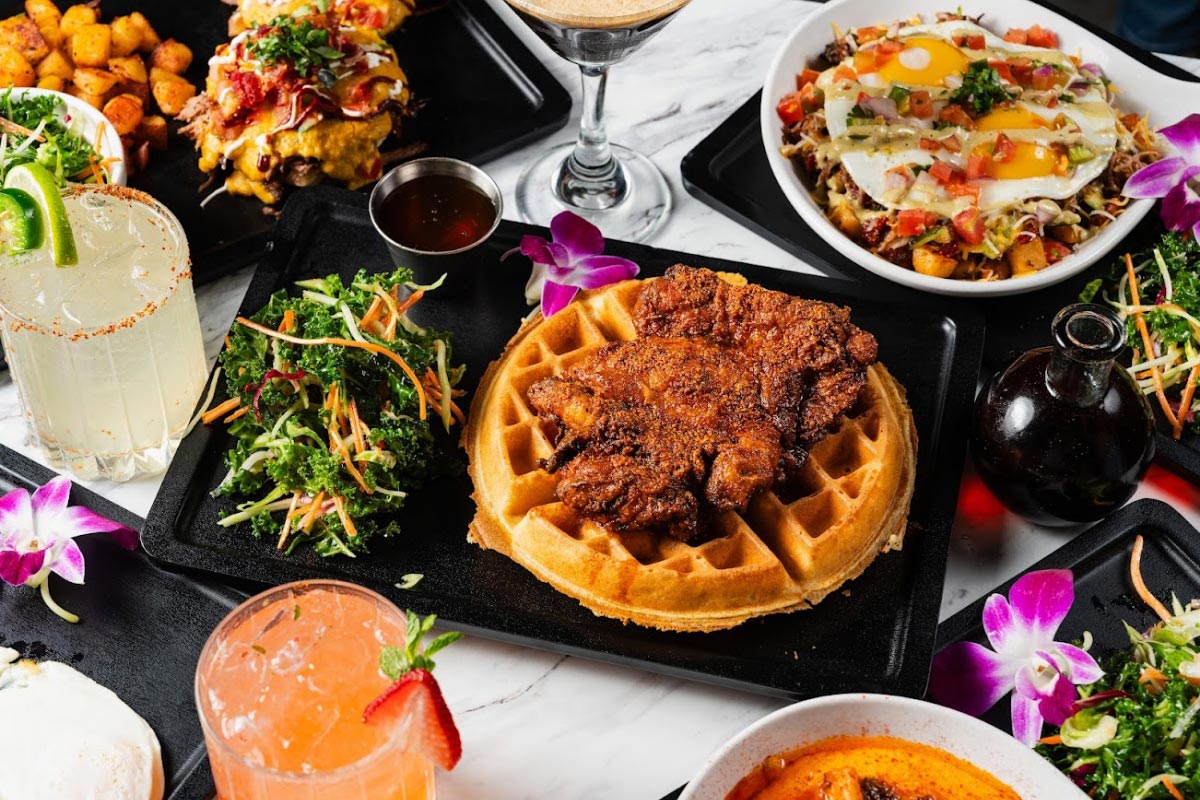 Angled view of the food arrangement on the table.