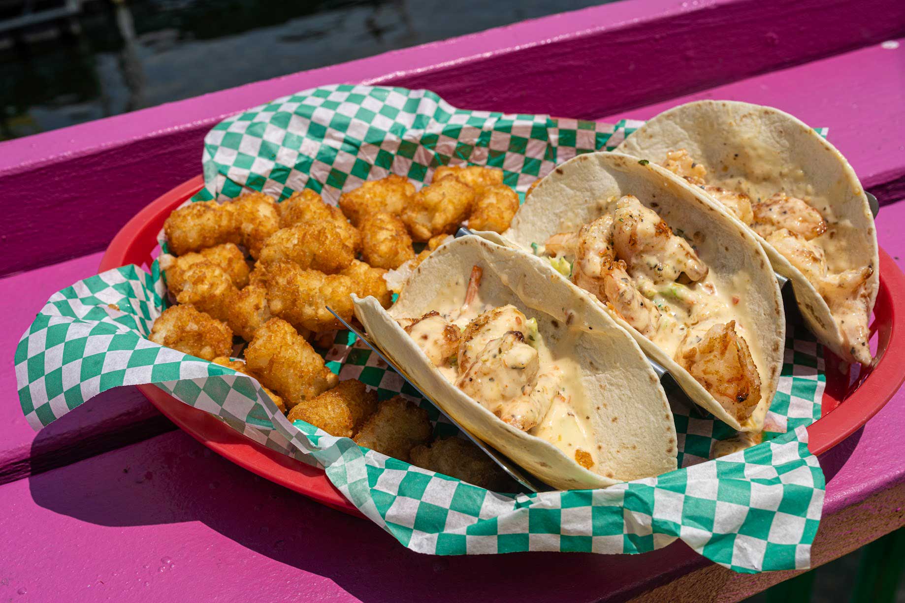 shrimp tacos with tater tots