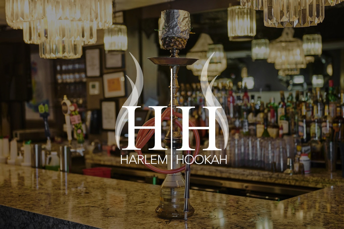 Front view of the hookah on the bar with the logo of Harlem Hookah implemented on the photo