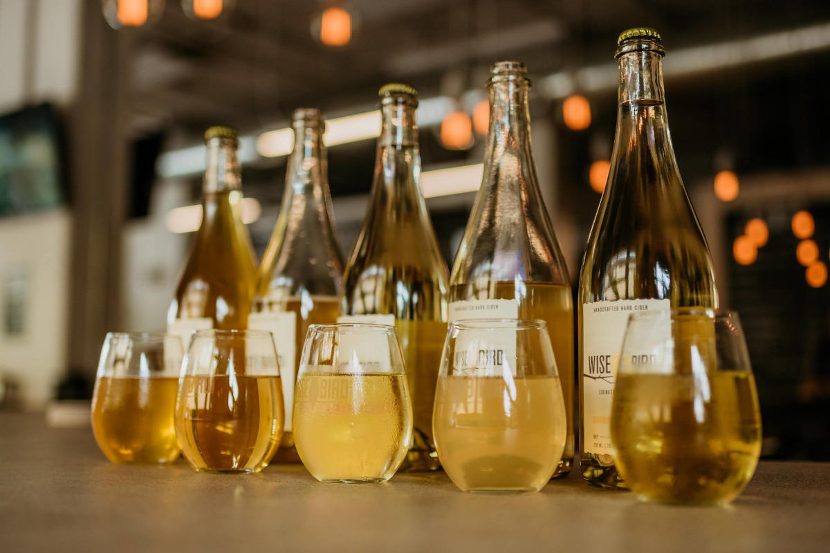 Wine glasses and bottles in a row.