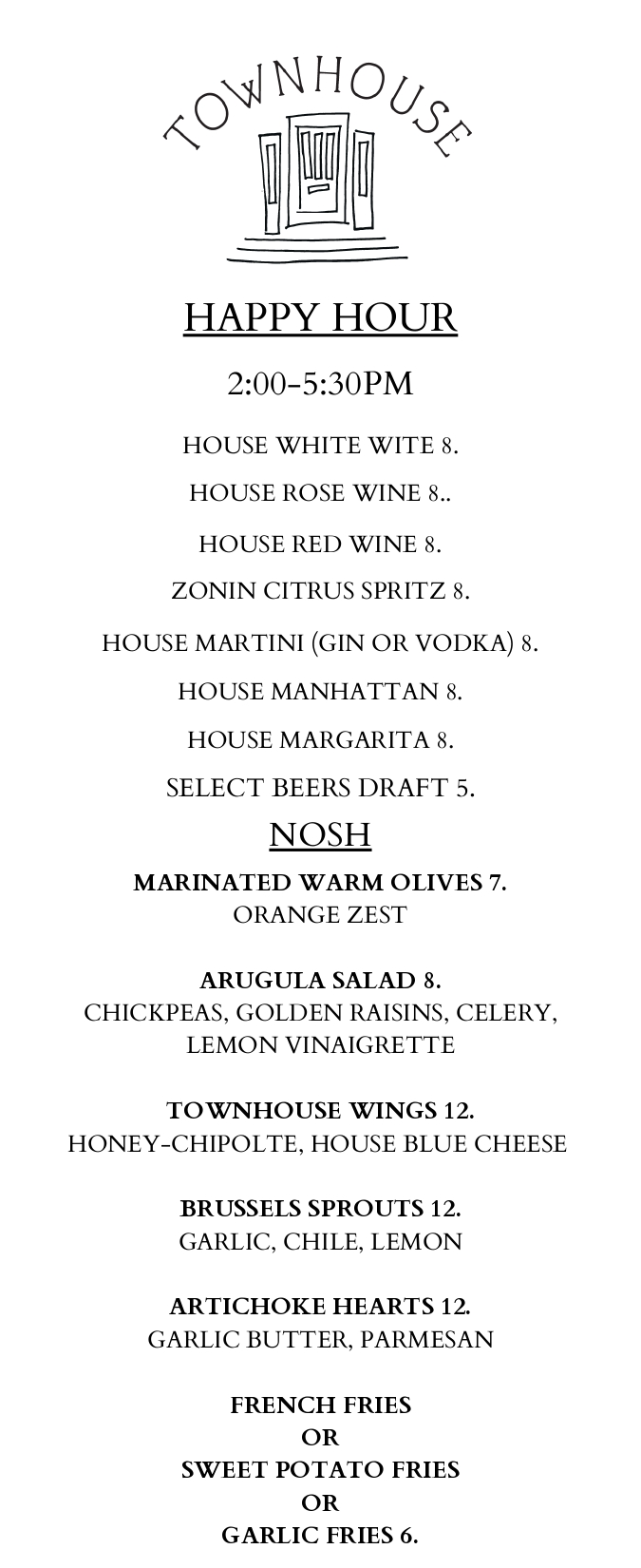 Townhouse Happy hour menu