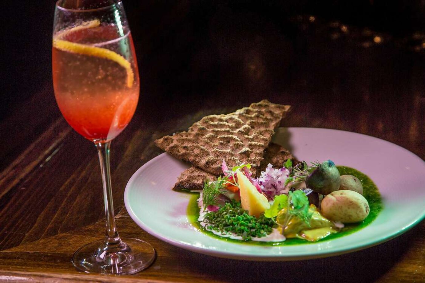 Vegetarian meal and a glass of champagne