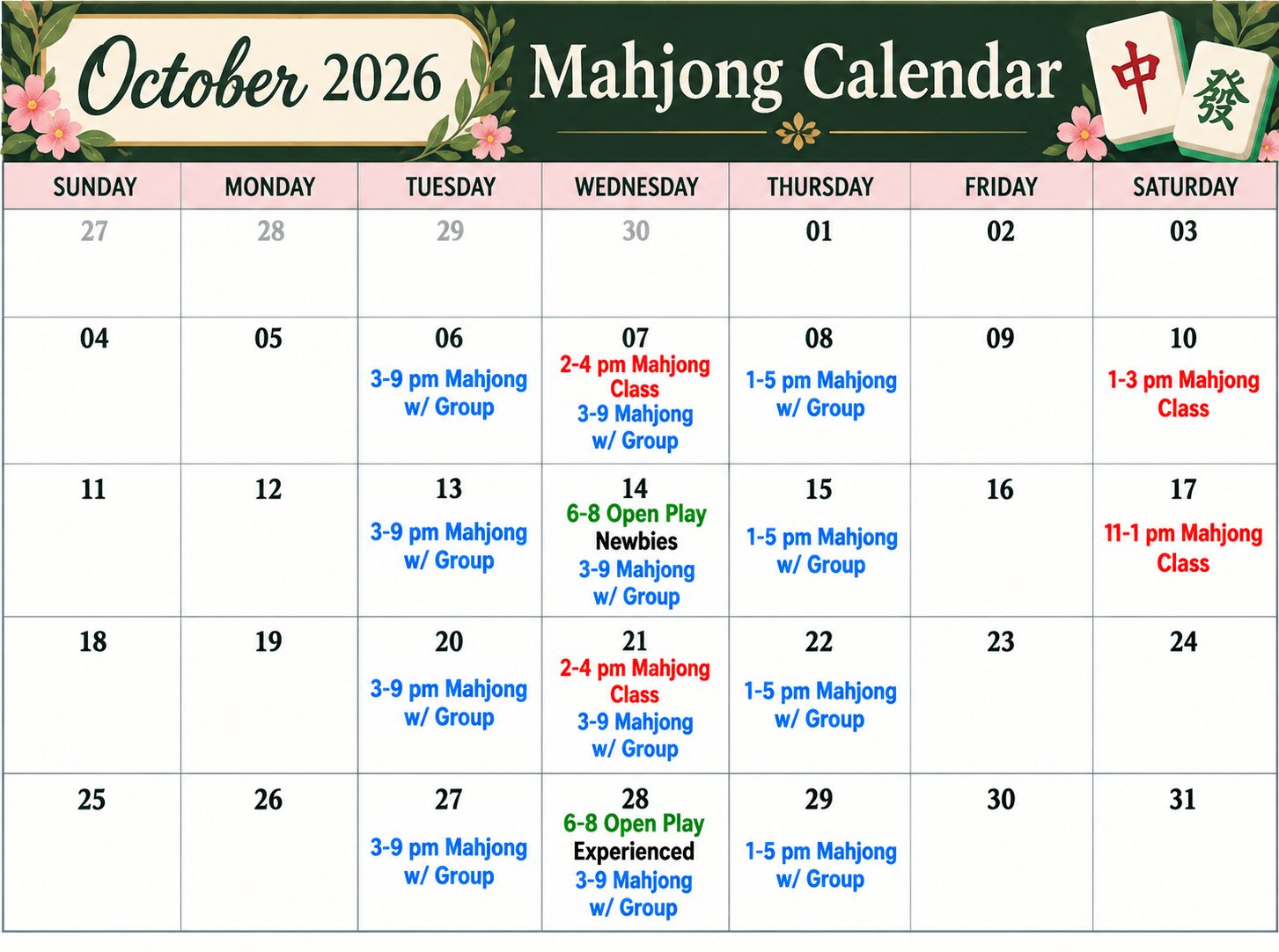 Mahjong calendar october 2026