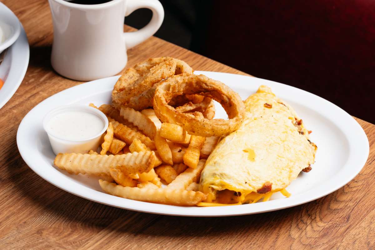Bacon cheese burger omelet- french fries and onion rings
