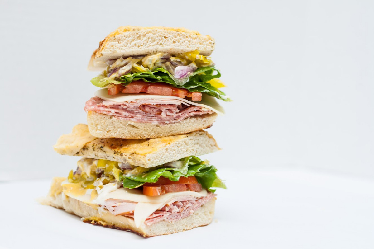 Angled view of the Full Belly Deli sandwich.