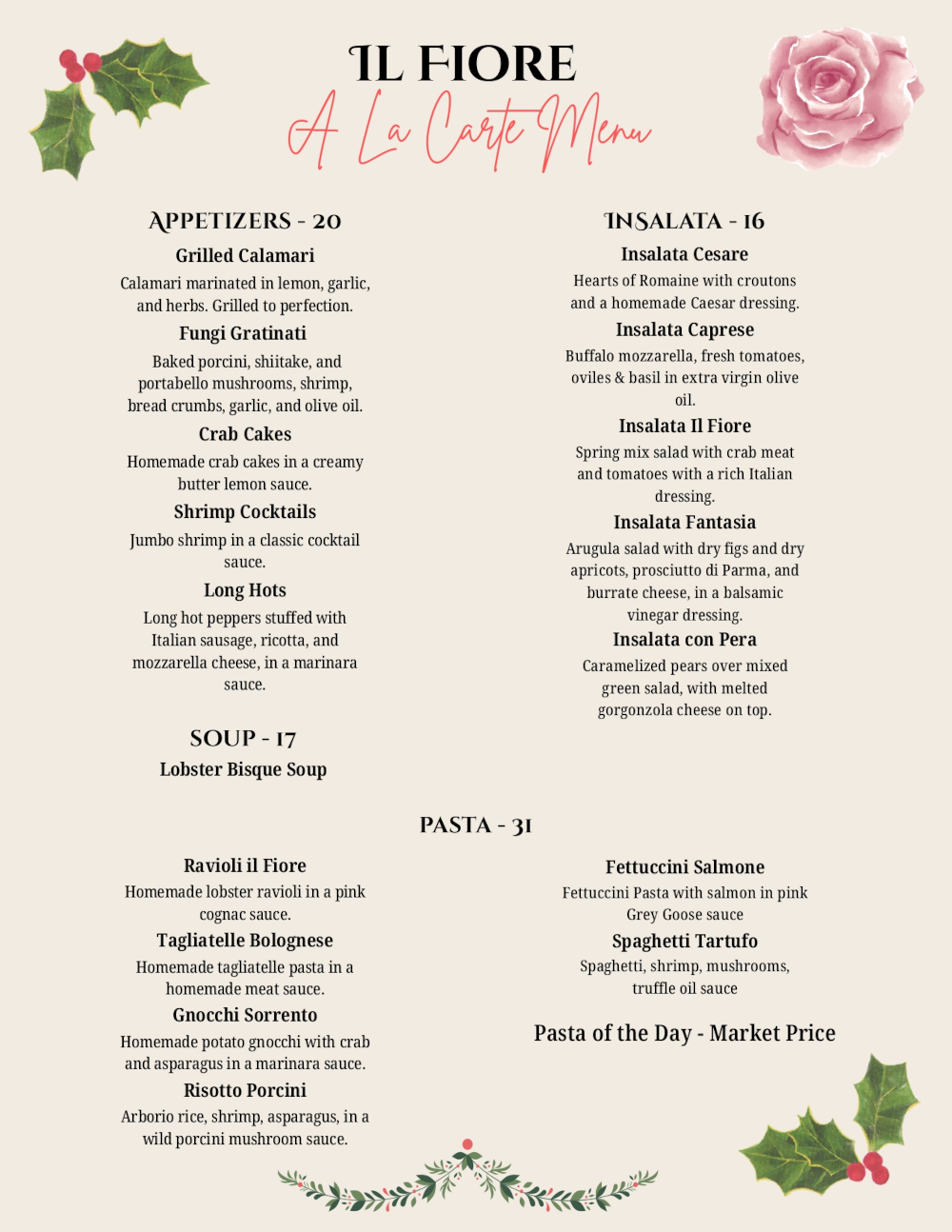 Il Fiore a la carte holiday menus 1