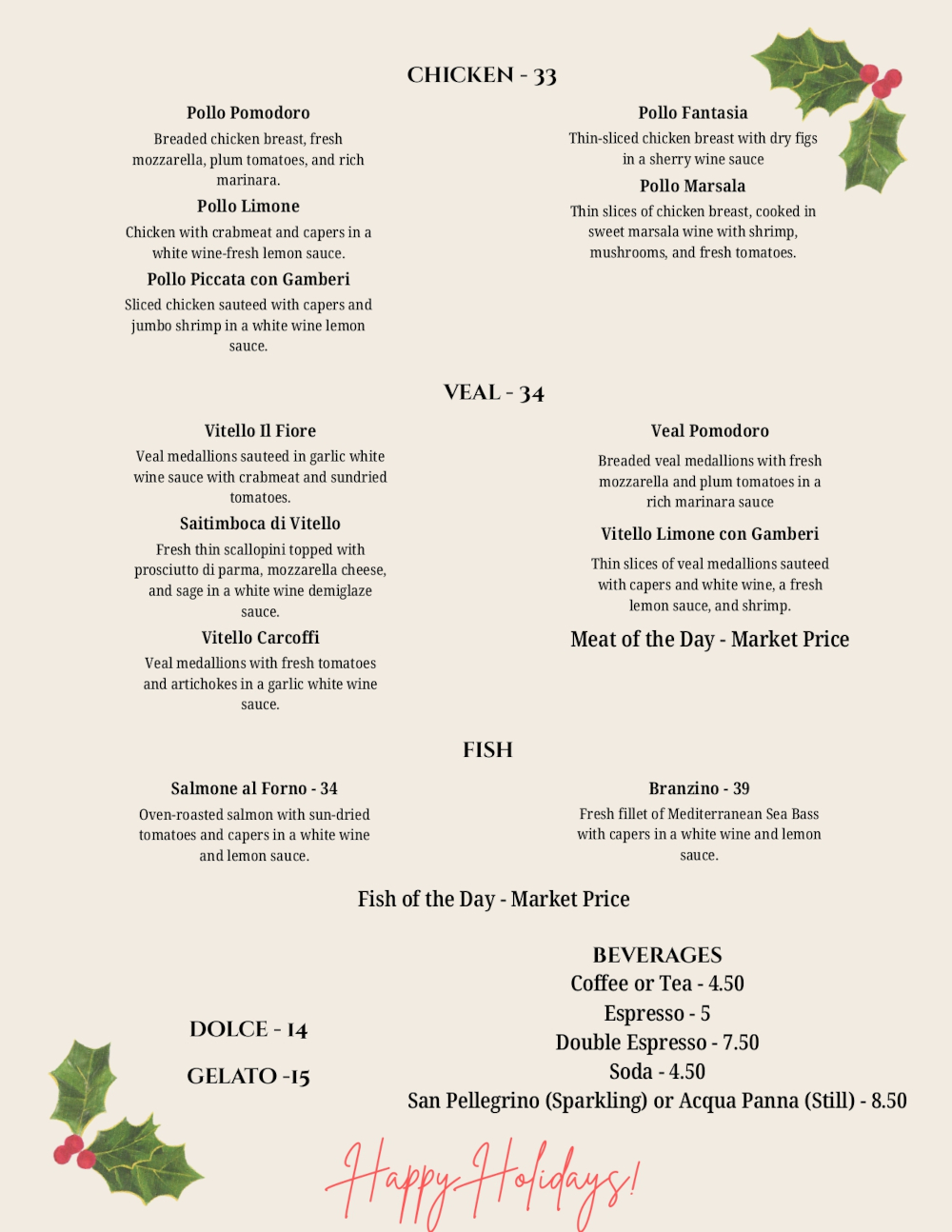 Il Fiore a la carte holiday menus 2