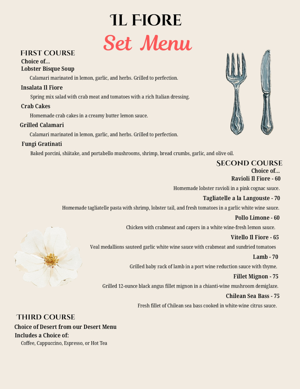 Il Fiore set holiday menus