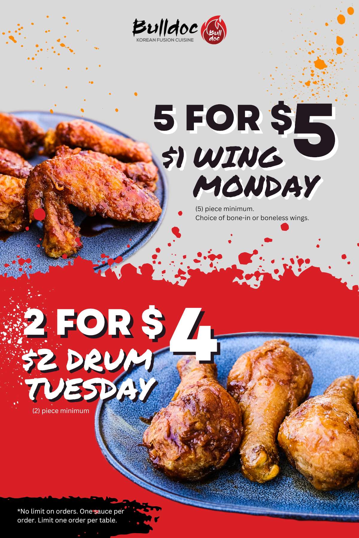 Bulldoc wing Monday and drum Tuesday specials