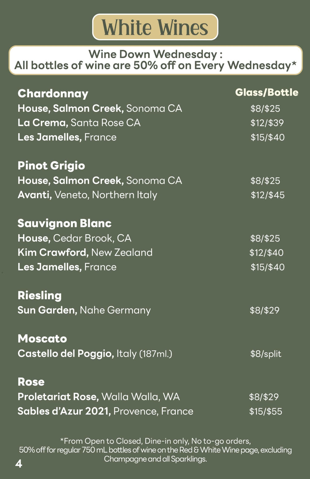 White Wines menu