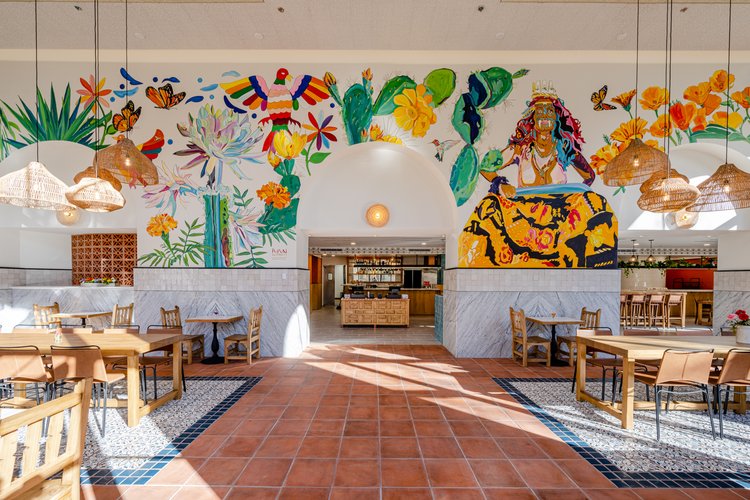 Restaurant interior, wall with mural
