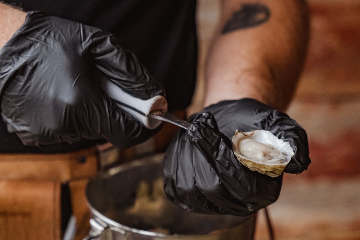 Shucking an oyster over a steel bucket