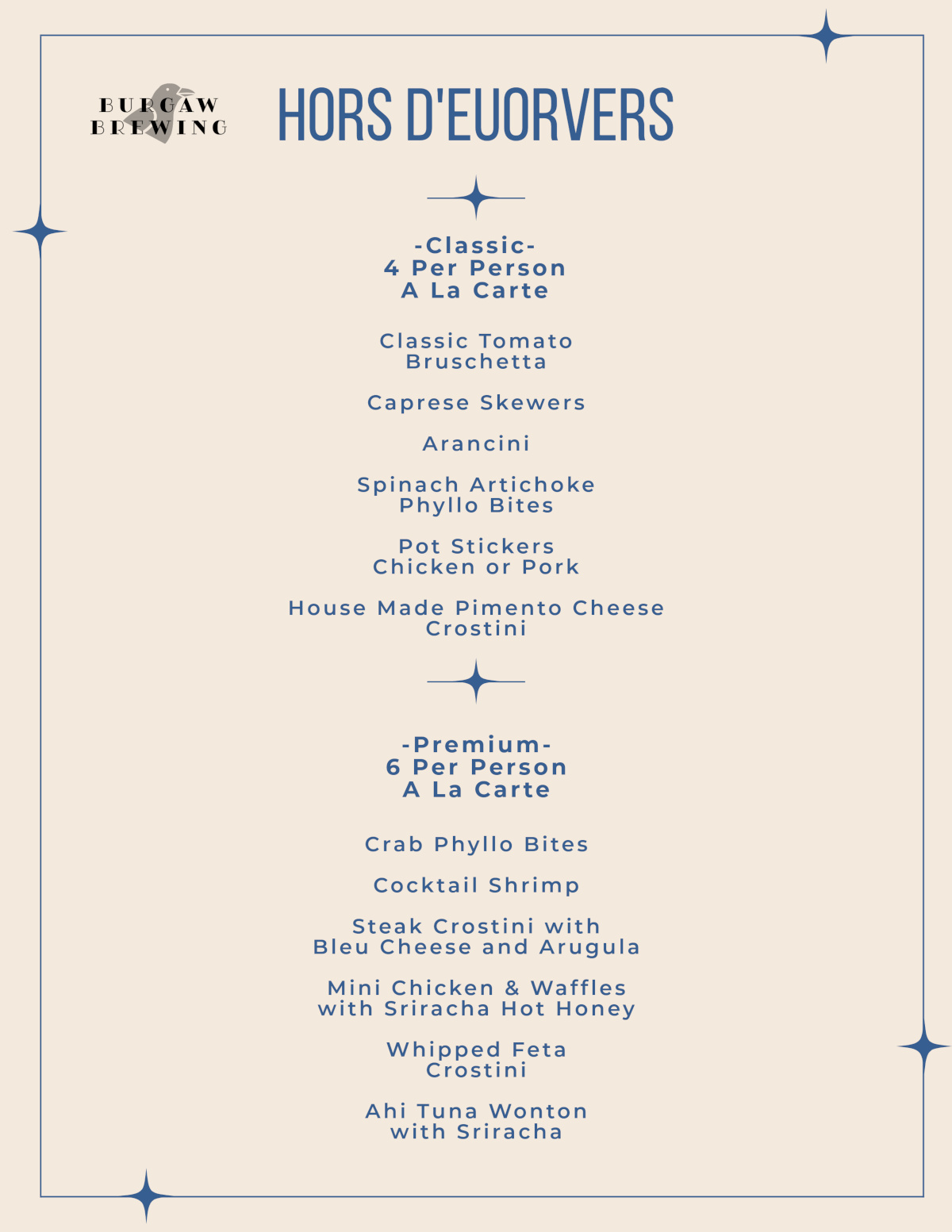 Hors D'euorvers Menu