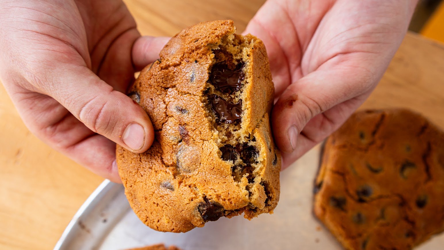Fresh-baked chocolate chip cookies, made with the purest ingredients including dark chocolate chips.