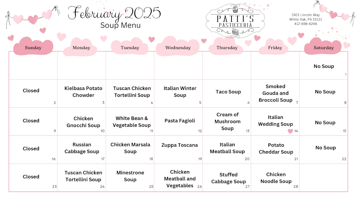 Soups calendar for February 2025