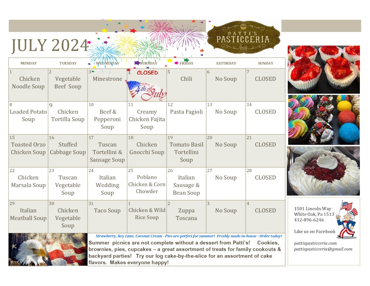 Soups calendar for July 2024
