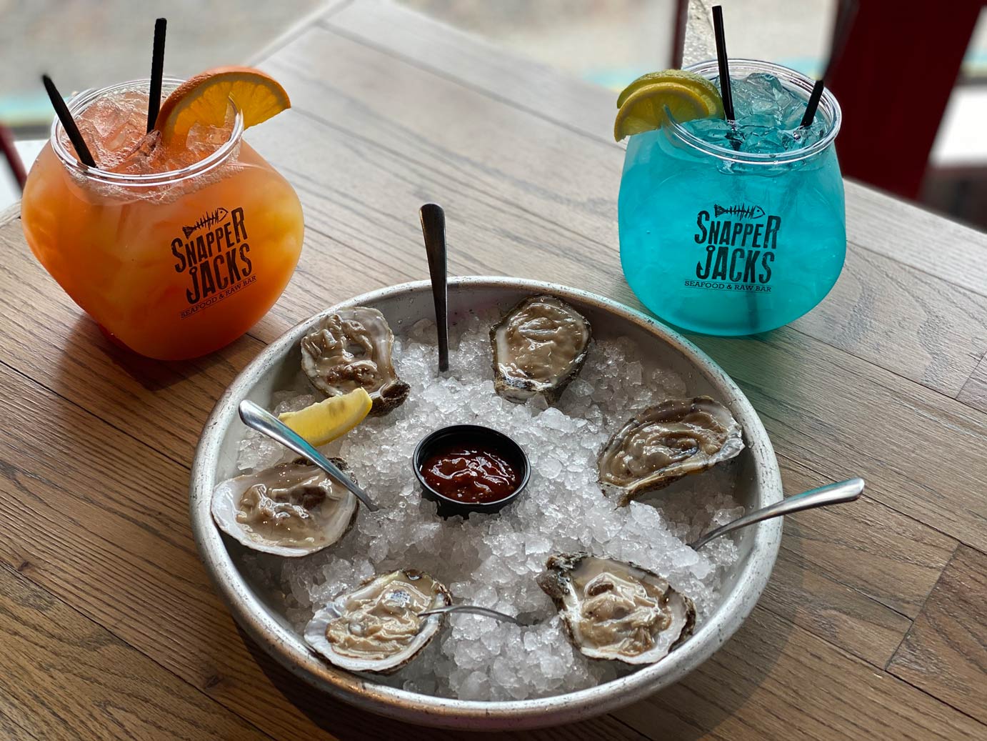 Oysters and drinks served