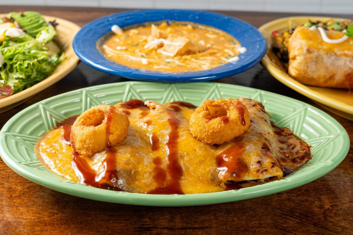 Angle view of the Santa fe enchilada on the table.