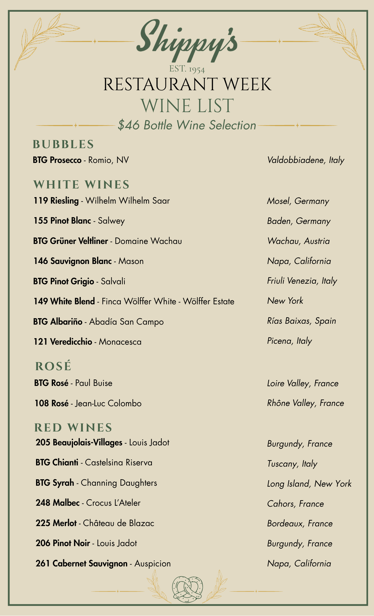 Shippy's Prix Fixe wine list