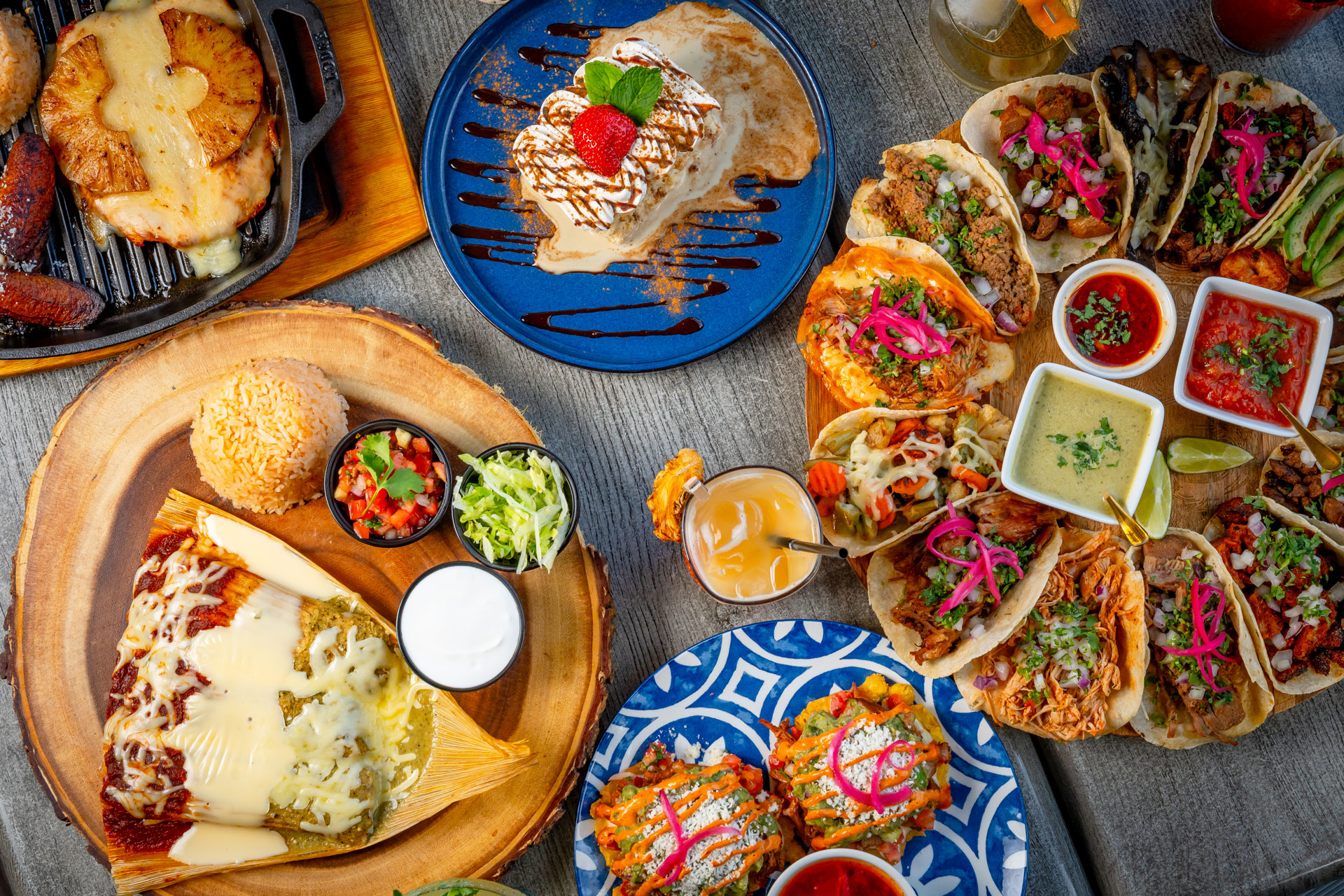 Overhead view of a colorful Mexican-inspired meal