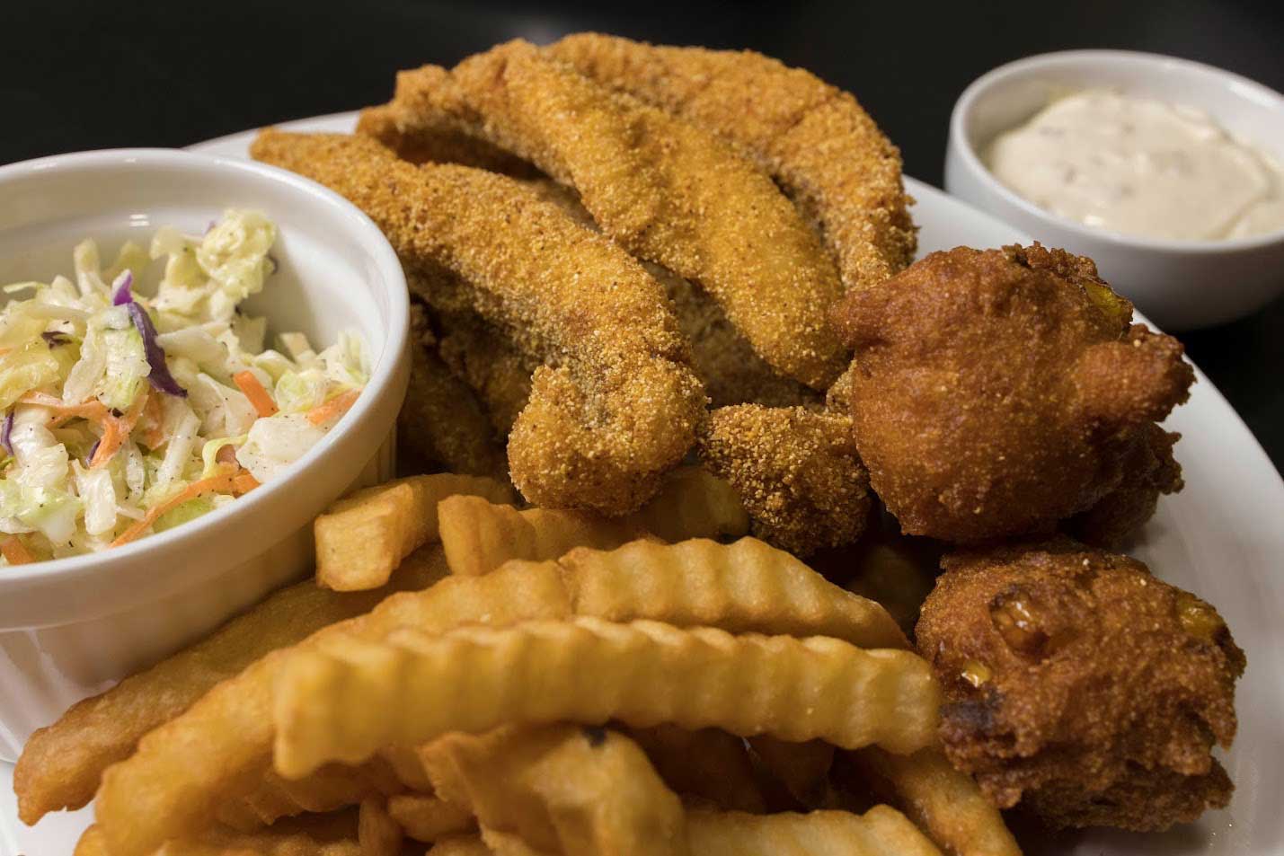 Fried Catfish and Fries Coleslaw Hushpuppies