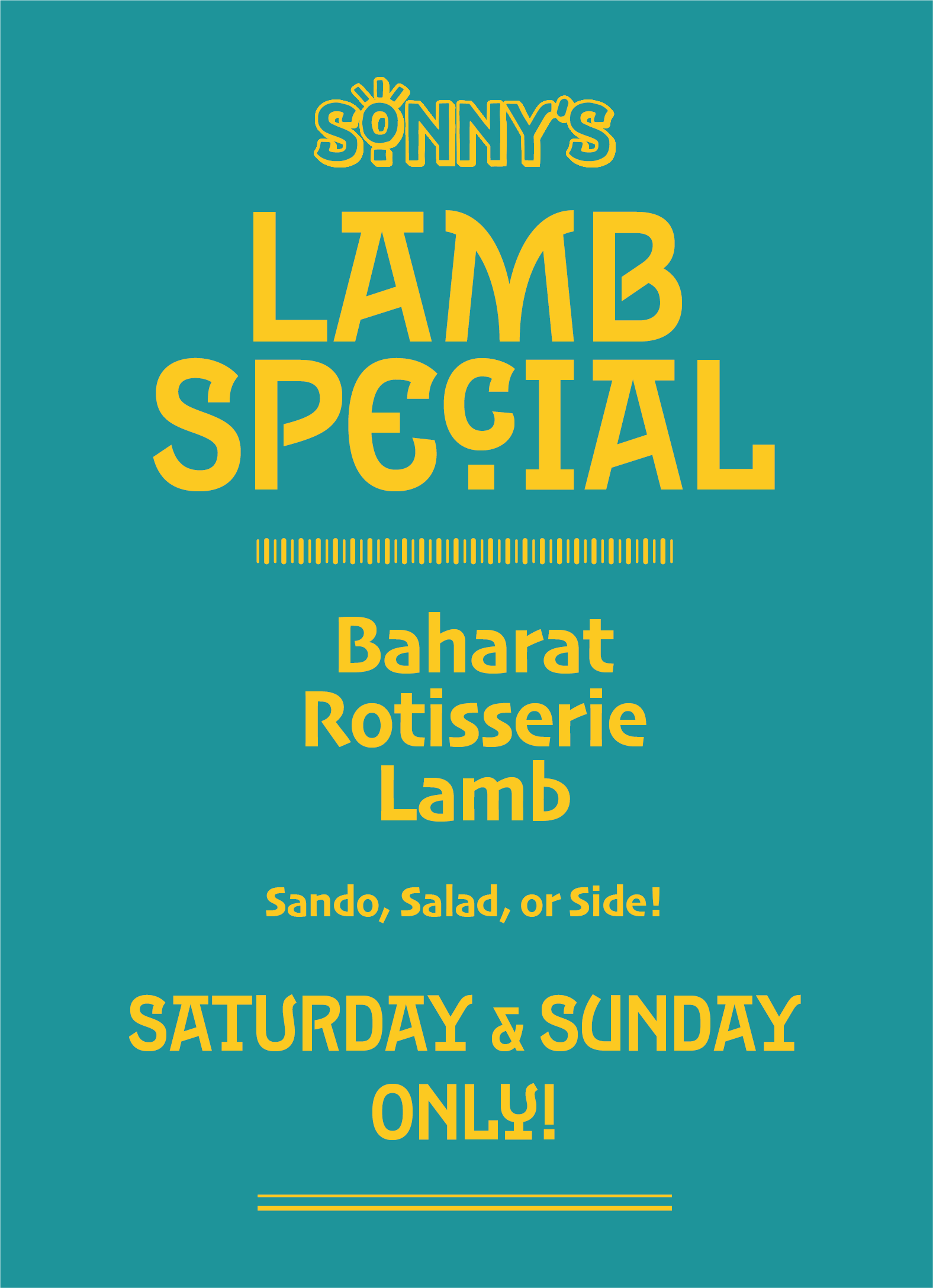 Sonny's Lamb Special on Saturdays and Sundays only