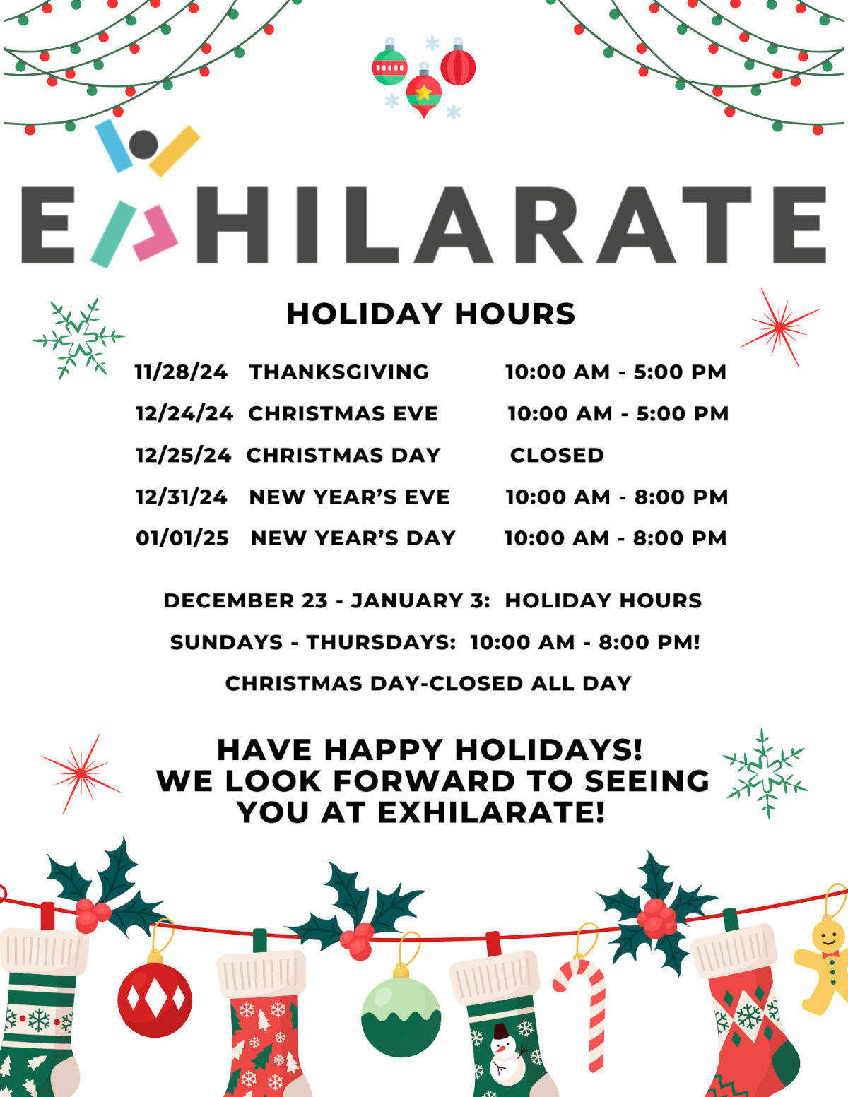 Exhilarate Holiday Hours