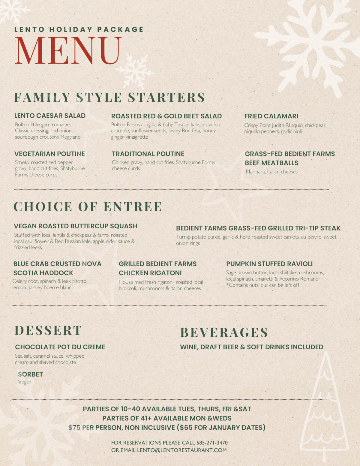 Lento Holiday Package menu