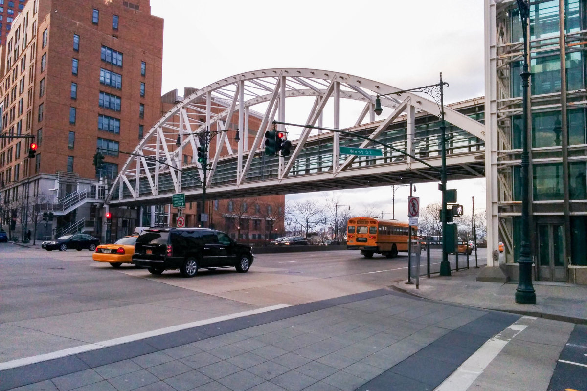 Exterior of the Tribeca Bridge, a pedestrian bridge over West St in New York City - Discover the best Mediterranean restaurant near Tribeca, New York, NY