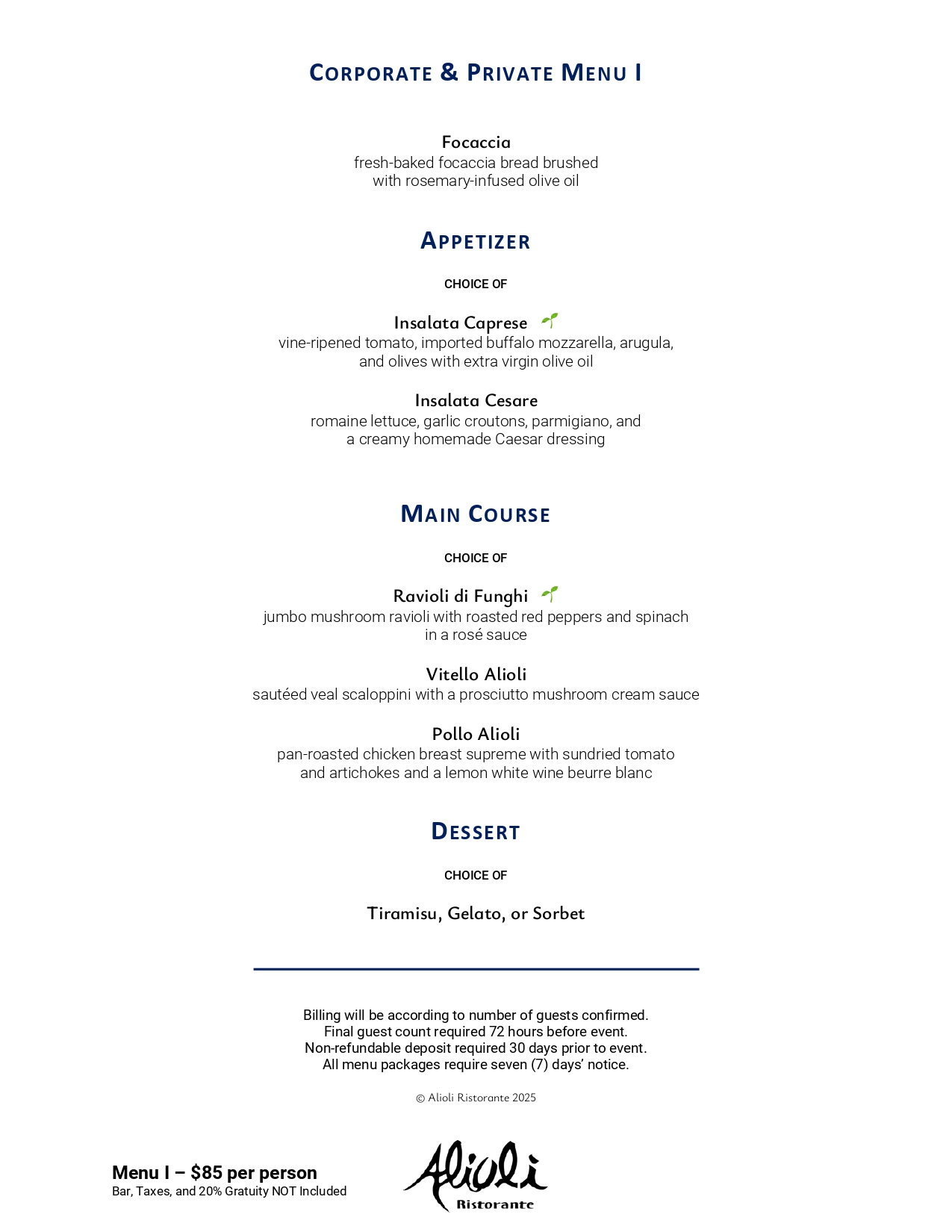 “Corporate & Private Party Menu part 1
