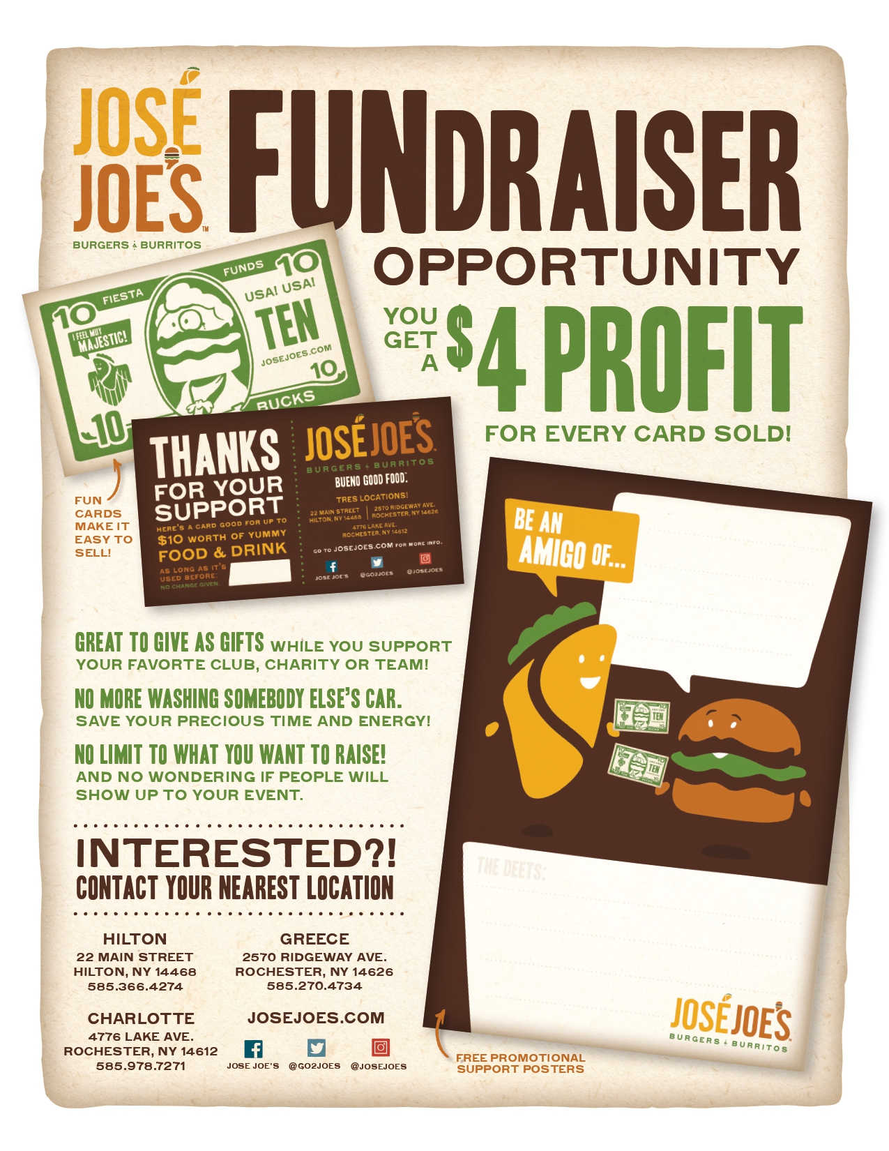 José Joe's Fundraiser Opportunity flyer promoting a $4 profit for every card sold