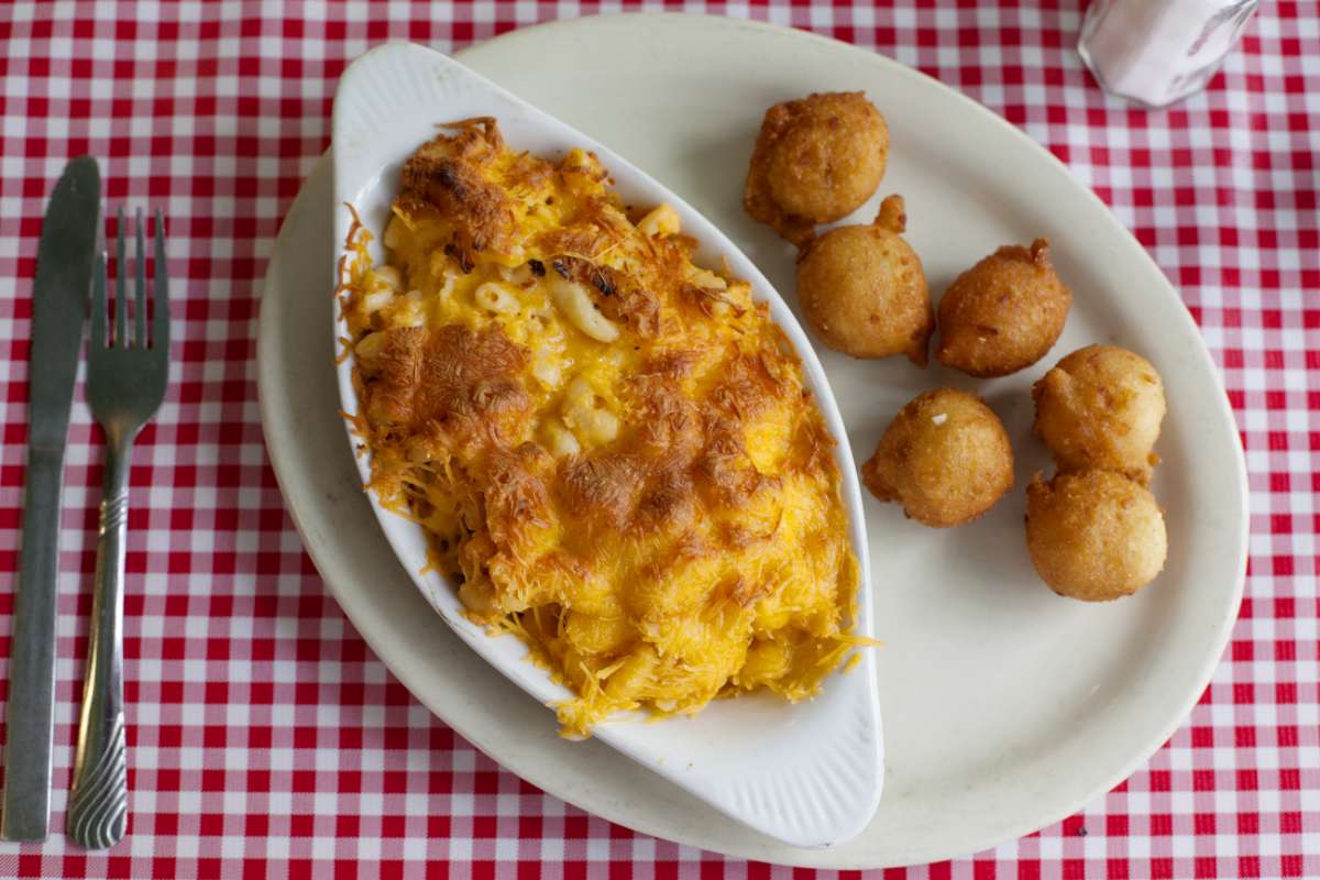 Mac and cheese with a side of fritter balls