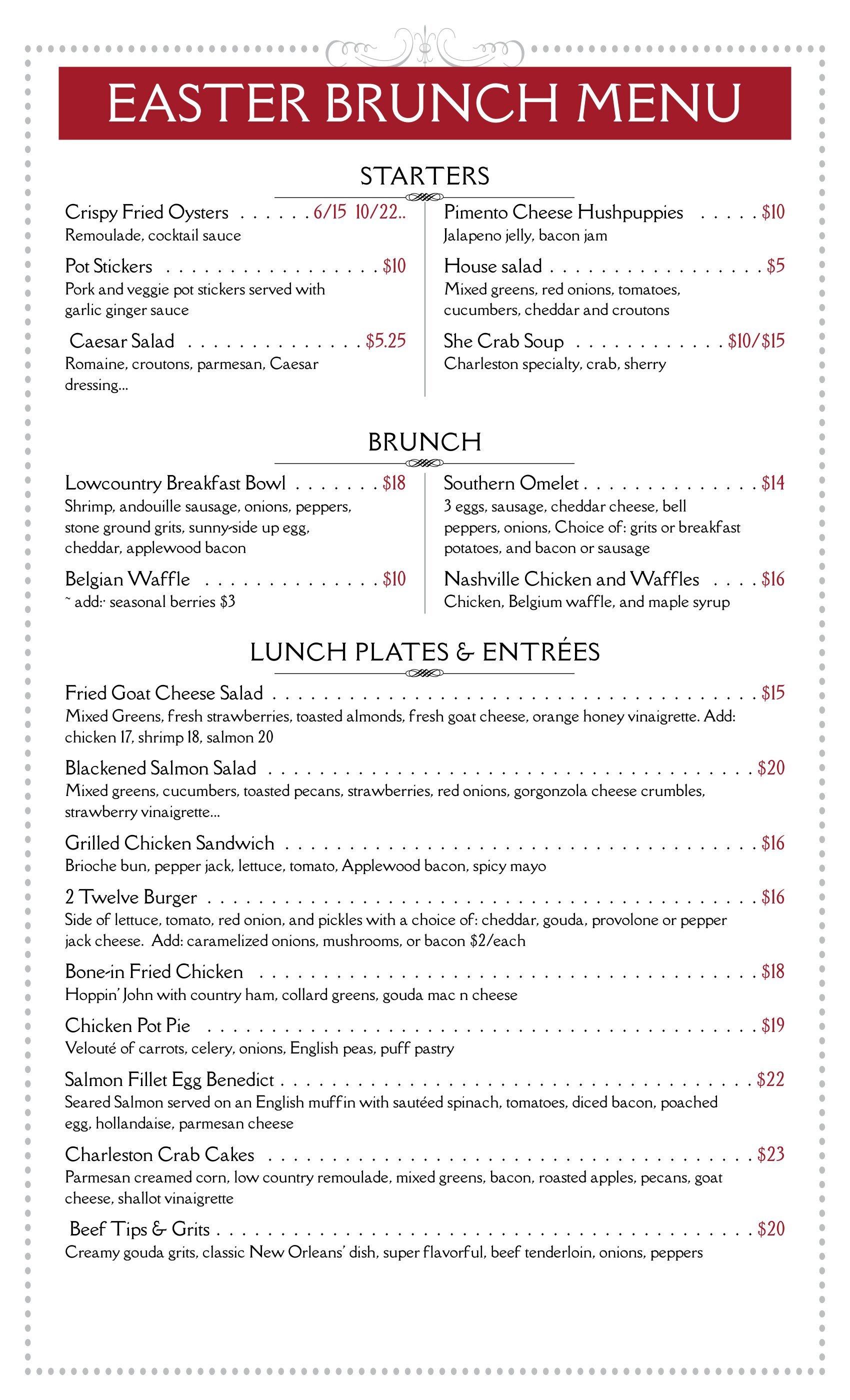 Easter Brunch Menu