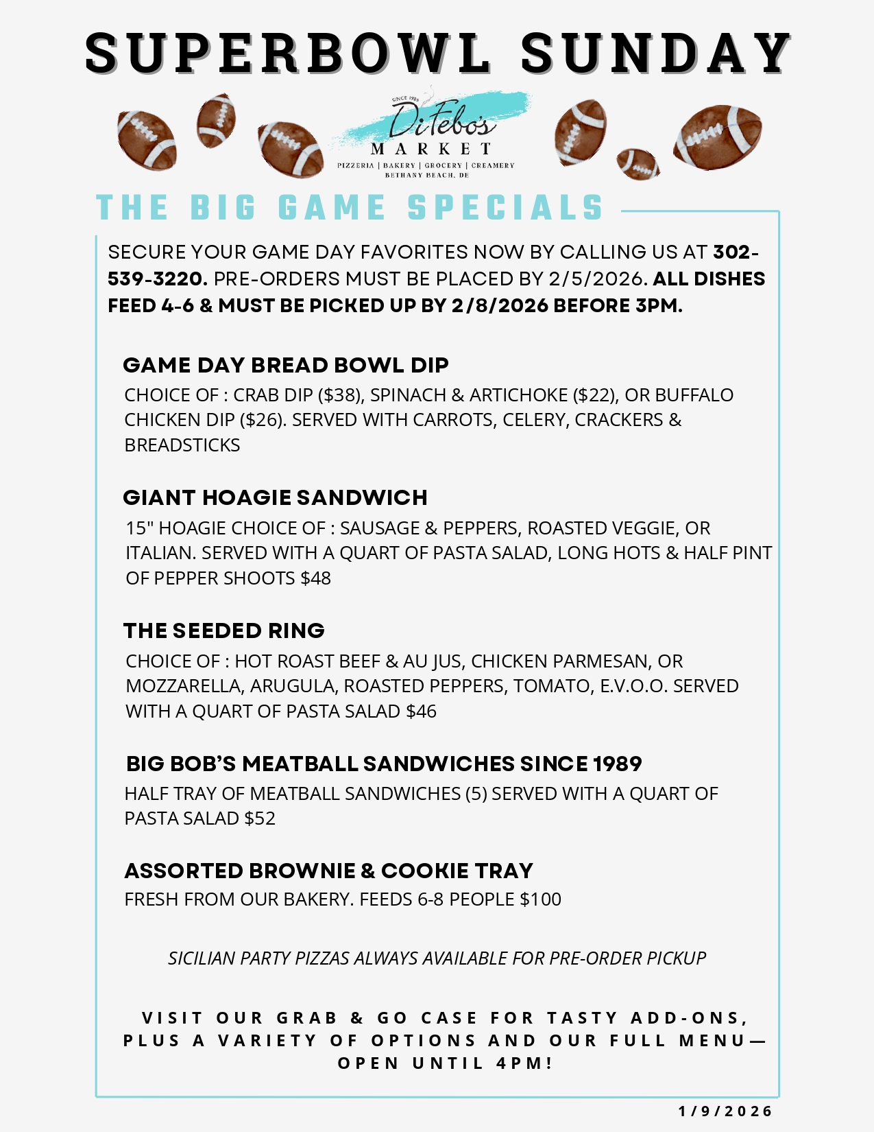 Superbowl Menu at Difebo’s Market