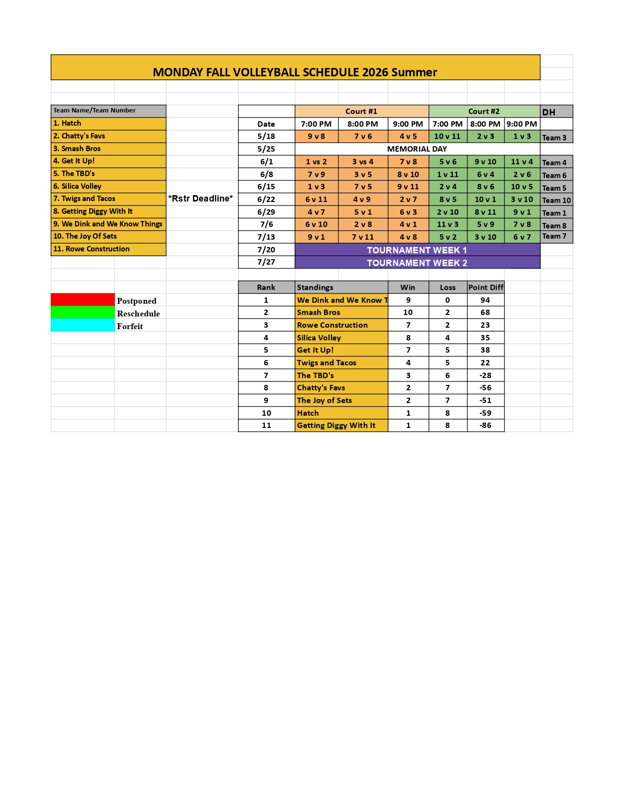 Monday Schedule 2026